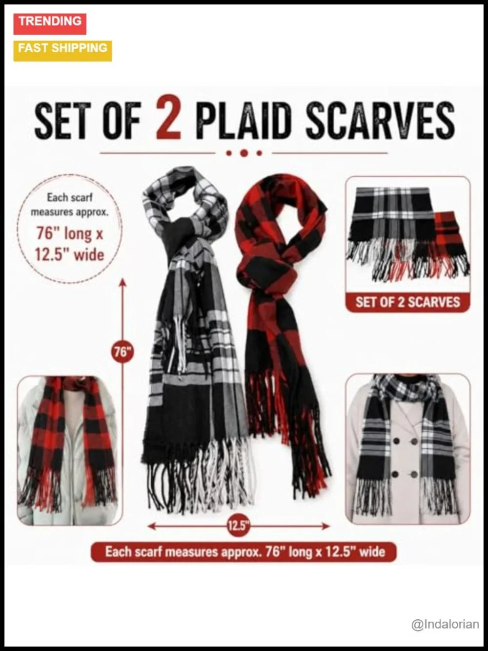 Set of 2 Long Fashion Scarves – Soft Cozy Plaid Winter Scarves 76x12.5 in